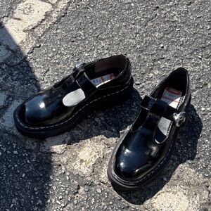 Black Patent T-Strap Chunky Loafers — Women's Flats